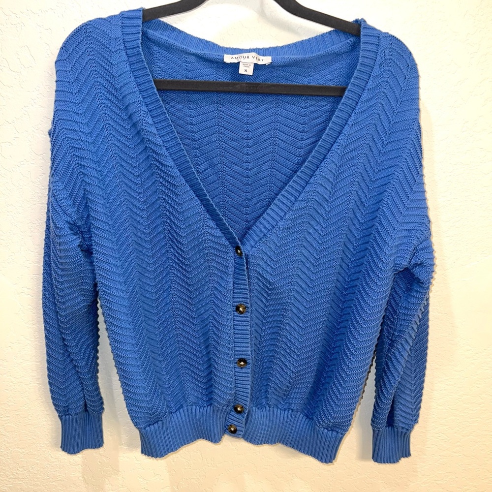 Amour Vert Bright Blue Chevron Button Cardigan